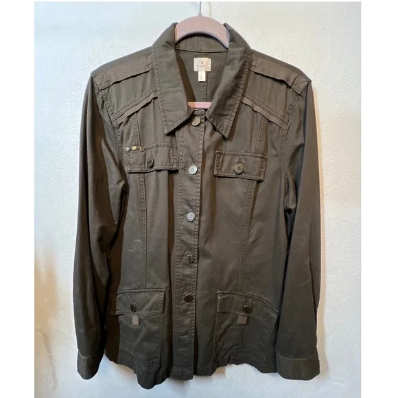 Dressbarn Utility Jacket Military Style Button Front Olive Green Size L - Picture 1 of 10